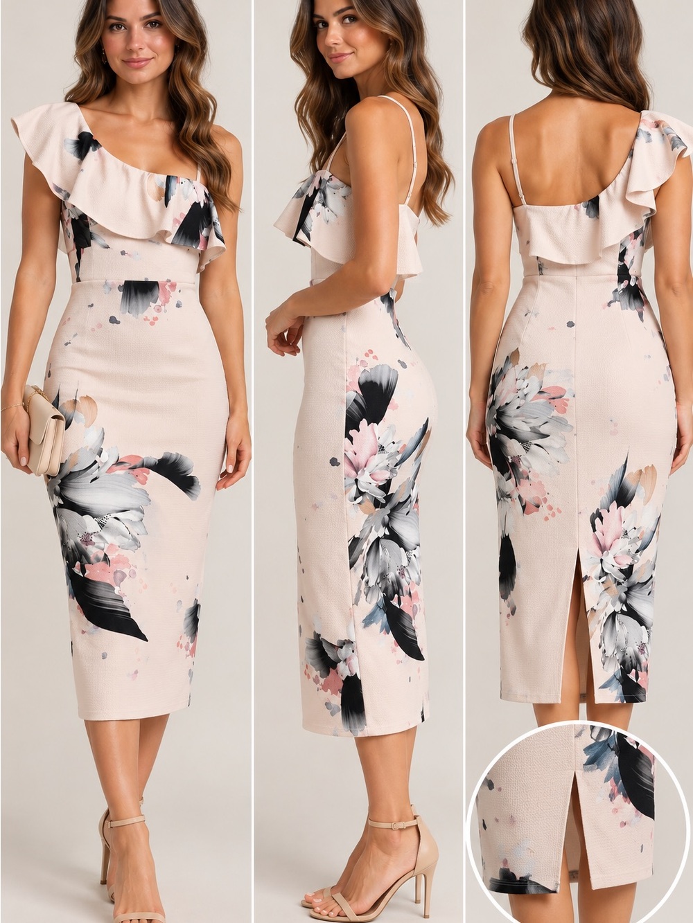 ASOS Blush Floral One-Shoulder Ruffle Midi Dress